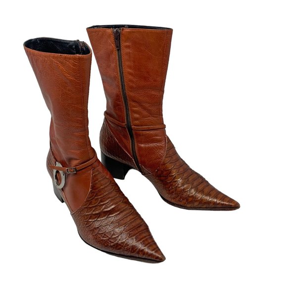 Pour L'Amour Italian Cognac‎ Leather Pointed Mid Calf Zip Boots - Picture 12 of 15